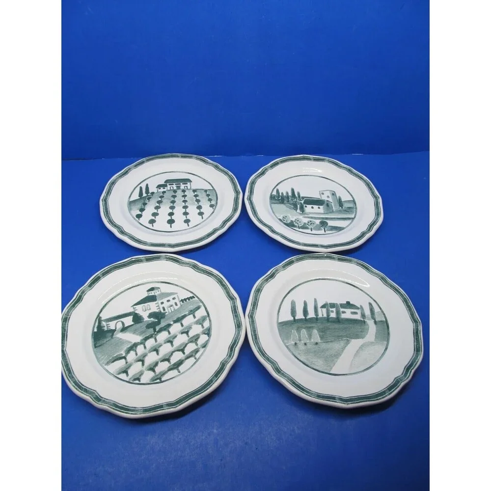 Williams Sonoma Marketplace Set Of 4 Green And White Salad Plates Farm Scenes 8
